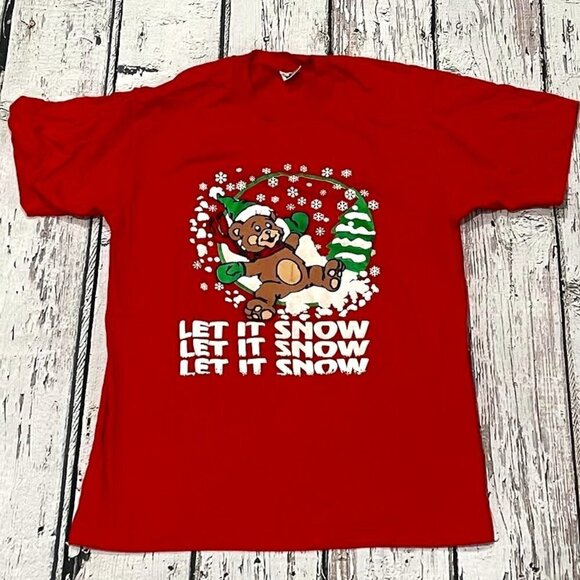 Vintage Let it Snow Ugly Christmas Red Tee Tshirt - Picture 1 of 4